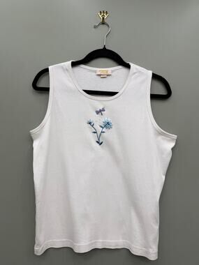 TIA Designs Embroidered Dragonfly Floral Tank Top 100% Cotton L